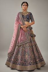 Dark Blue Velvet Heavy Worked Bridal Lehenga